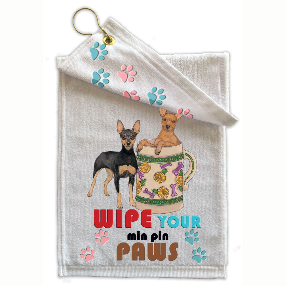 Miniature Pinscher Min Pin Paw Wipe Towel 11" x 18" Grommet with Clip - Pipsqueakproductions