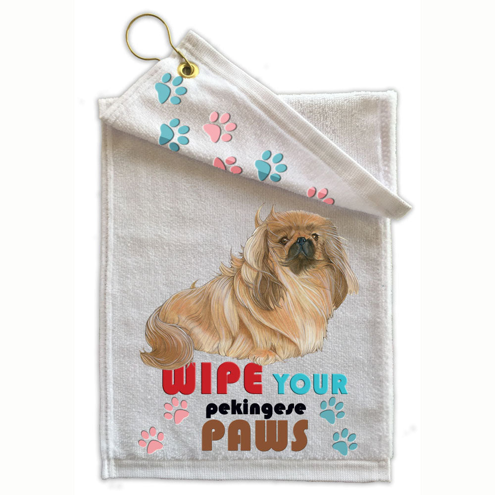 Pekingese Paw Wipe Towel 11" x 18" Grommet with Clip - Pipsqueakproductions