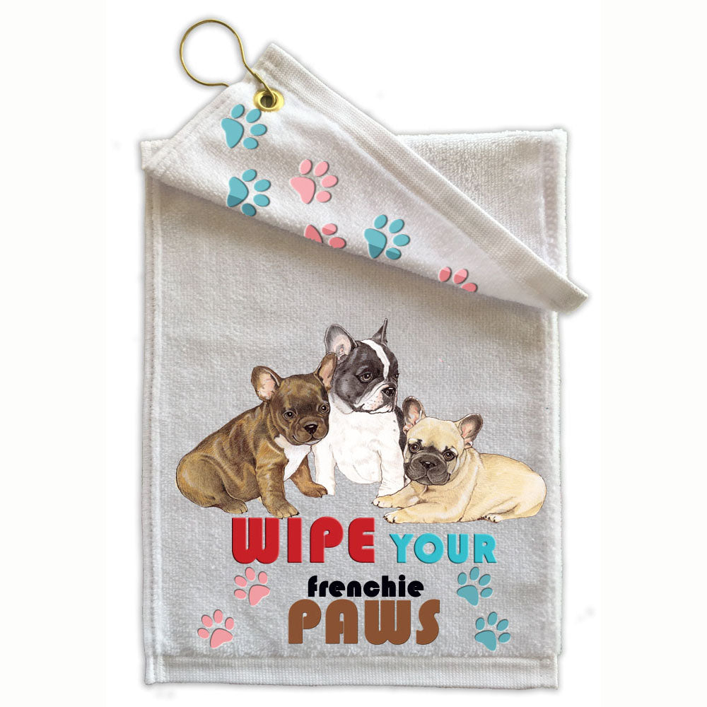 French Bulldog Frenchie Paw Wipe Towel 11" x 18" Grommet with Clip - Pipsqueakproductions