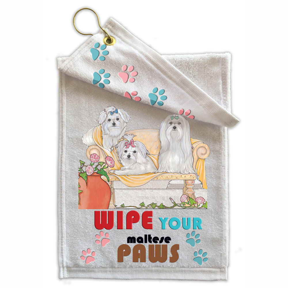 Maltese Paw Wipe Towel 11" x 18" Grommet with Clip - Pipsqueakproductions
