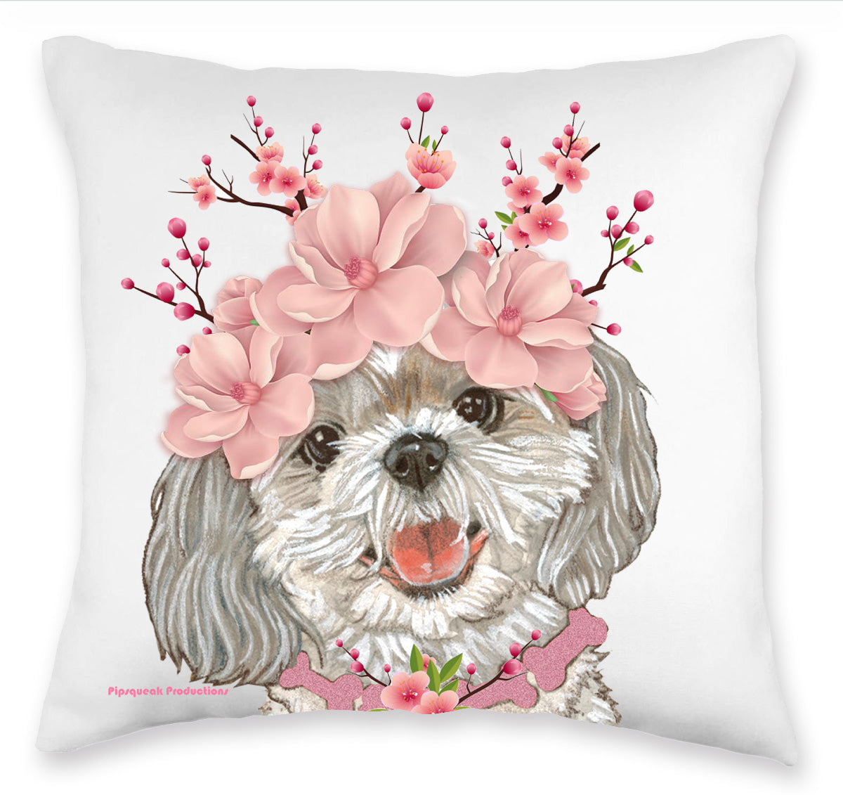Shih Tzu Floral Throw Pillow, Decorative Pillow, Cute Dog Accent Pillow, Spring Summer Home Decor, Pet Lover Gift - Pipsqueakproductions
