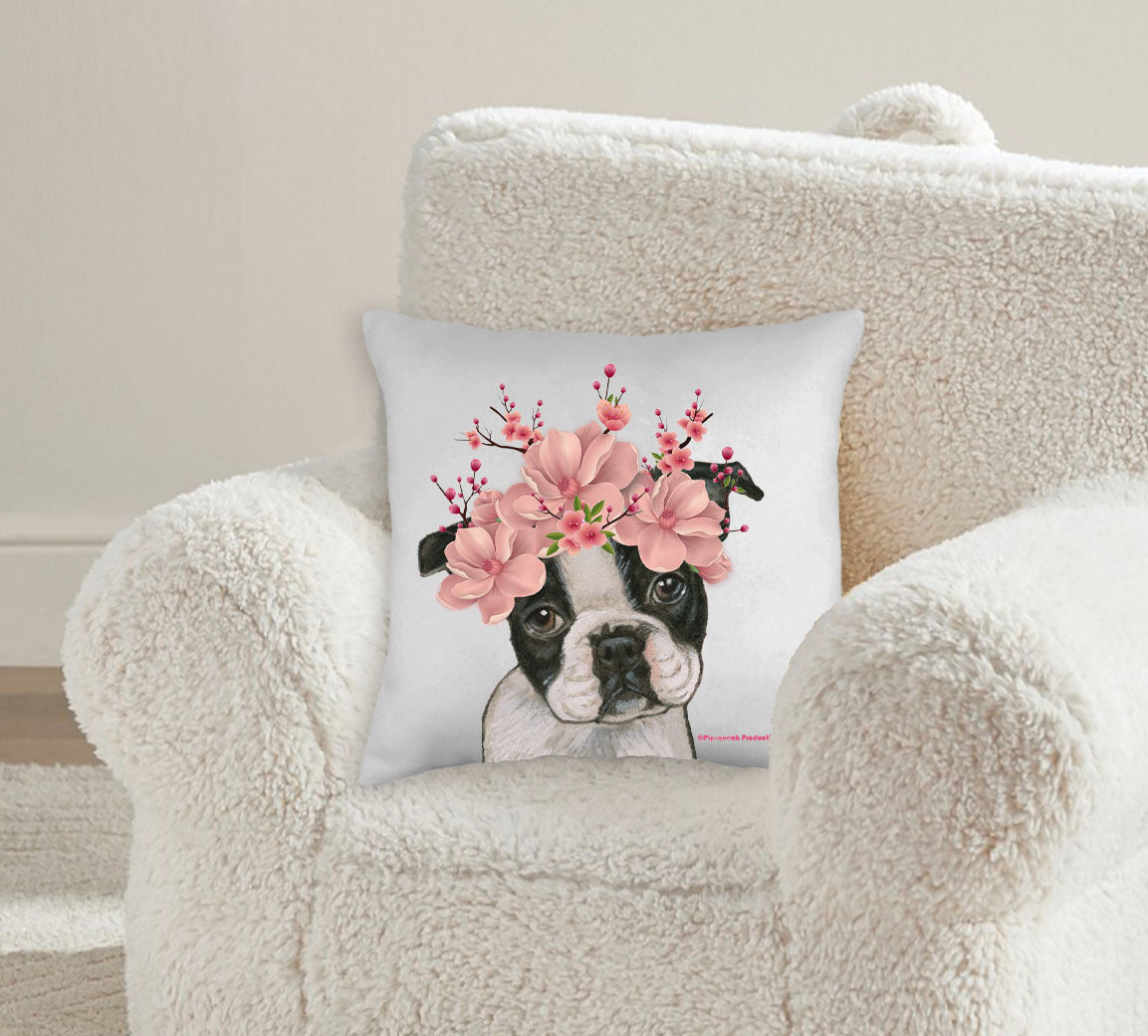 Boston Terrier Floral Throw Pillow, Decorative Pillow, Cute Dog Accent Pillow, Spring Summer Home Decor, Pet Lover Gift