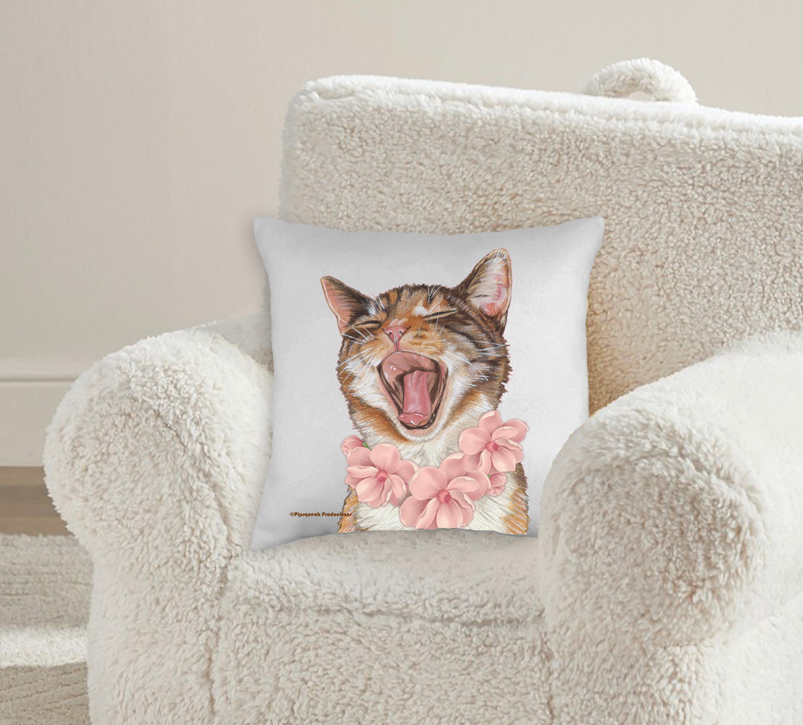 Cat's Meow Tabby Kitten Floral Throw Pillow, Decorative Pillow, Cute Cat Accent Pillow, Spring Summer Home Decor, Pet Lover Gift - Pipsqueakproductions