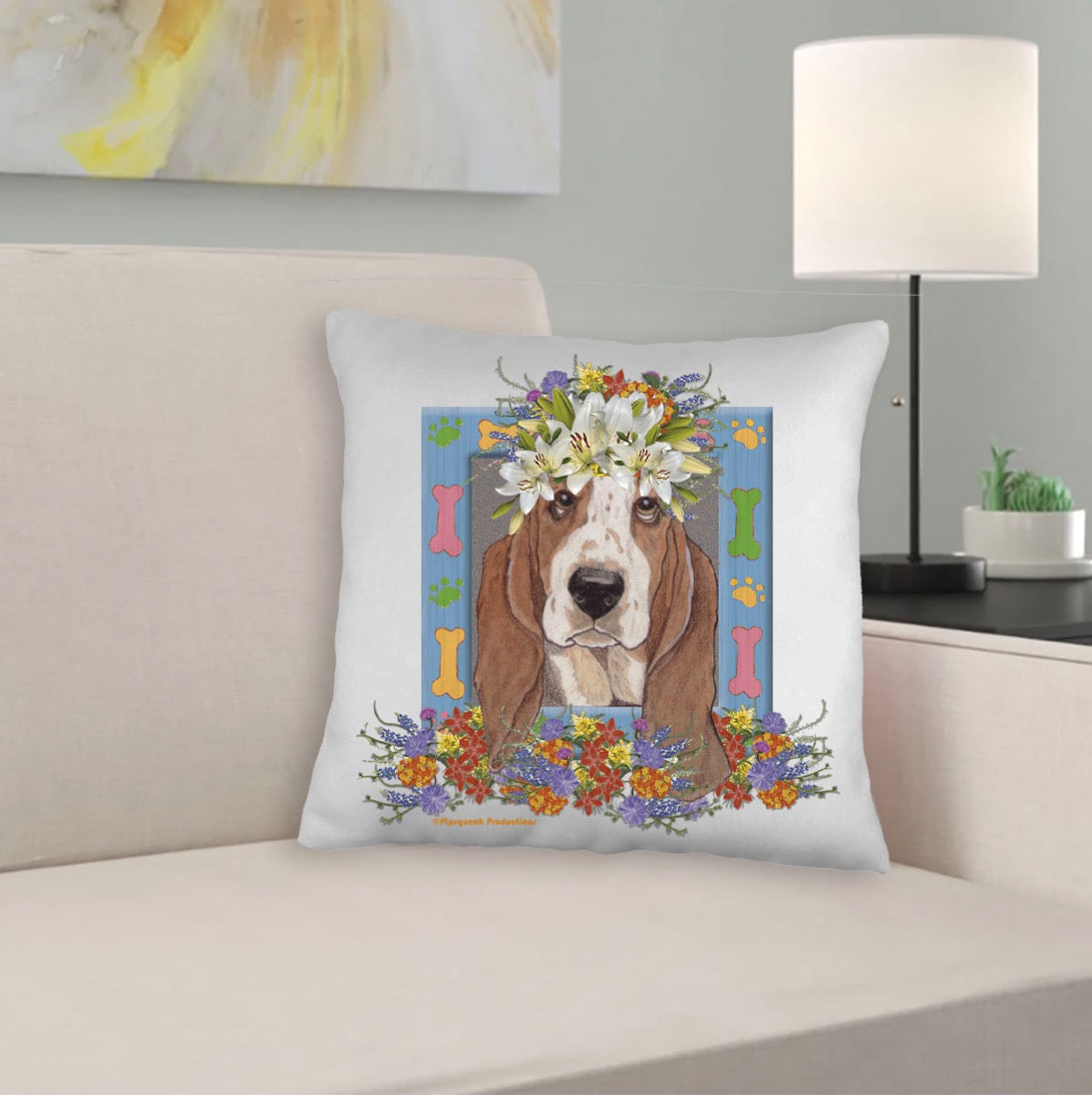 Basset Hound Floral Throw Pillow, Decorative Pillow, Cute Dog Accent Pillow, Spring Summer Home Decor, Pet Lover Gift