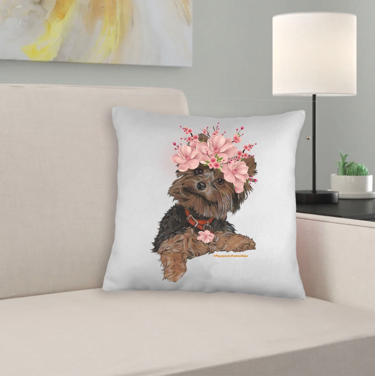 Yorkshire Terrier Floral Throw Pillow, Decorative Pillow, Cute Dog Accent Pillow, Spring Summer Home Decor, Yorkie Lover Gift - Pipsqueakproductions