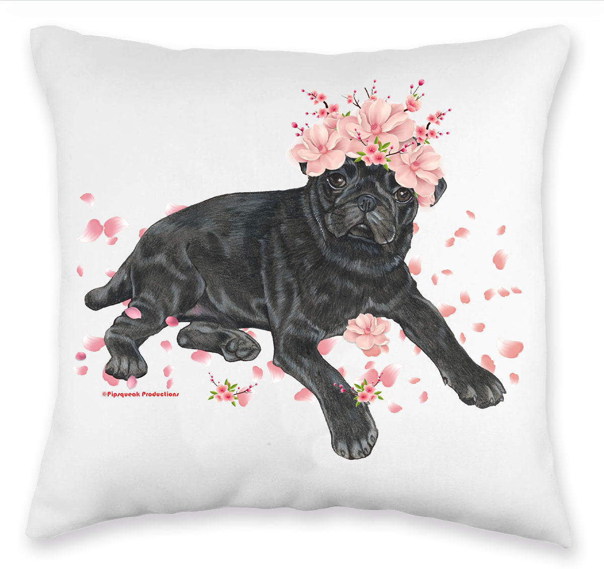 Pug Black Floral Throw Pillow, Decorative Pillow, Cute Dog Accent Pillow, Spring Summer Home Decor, Pet Lover Gift - Pipsqueakproductions