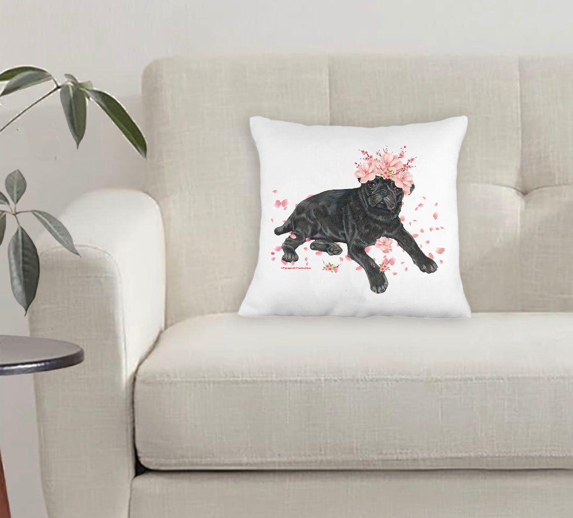 Pug Black Floral Throw Pillow, Decorative Pillow, Cute Dog Accent Pillow, Spring Summer Home Decor, Pet Lover Gift - Pipsqueakproductions