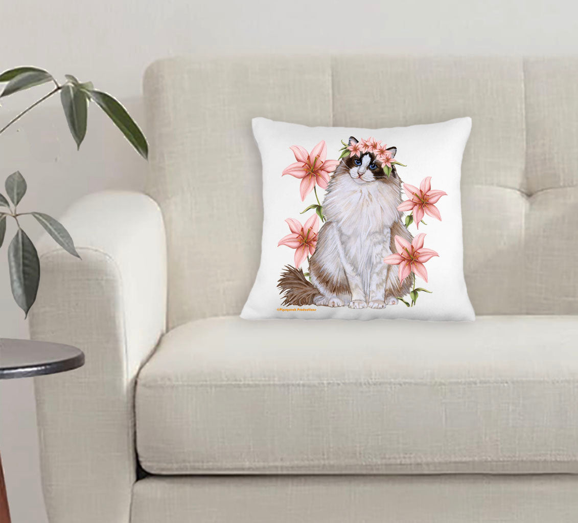 Ragdoll Cat with Pink Lily Floral Throw Pillow, Decorative Pillow, Cute Accent Pillow, Spring Summer Home Decor, Feline Lover Gift - Pipsqueakproductions