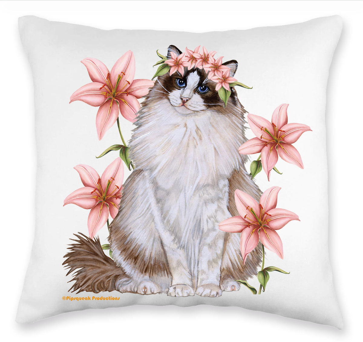 Ragdoll Cat with Pink Lily Floral Throw Pillow, Decorative Pillow, Cute Accent Pillow, Spring Summer Home Decor, Feline Lover Gift - Pipsqueakproductions