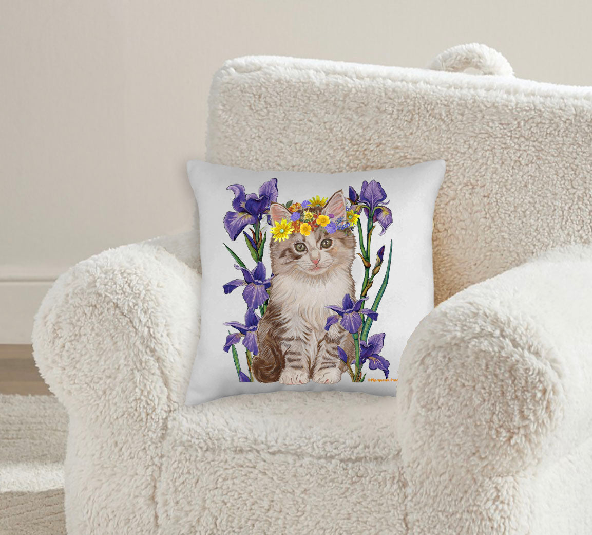 Tabby Cat with Iris Floral Throw Pillow, Decorative Pillow, Cute Kitty Accent Pillow, Spring Summer Home Decor, Feline Lover Gift - Pipsqueakproductions
