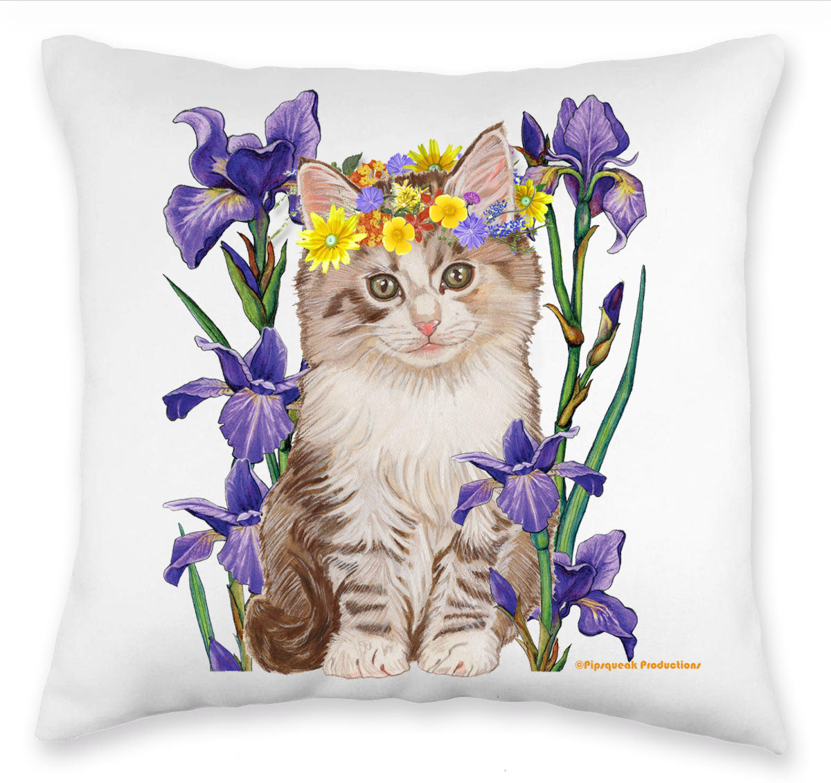 Tabby Cat with Iris Floral Throw Pillow, Decorative Pillow, Cute Kitty Accent Pillow, Spring Summer Home Decor, Feline Lover Gift - Pipsqueakproductions