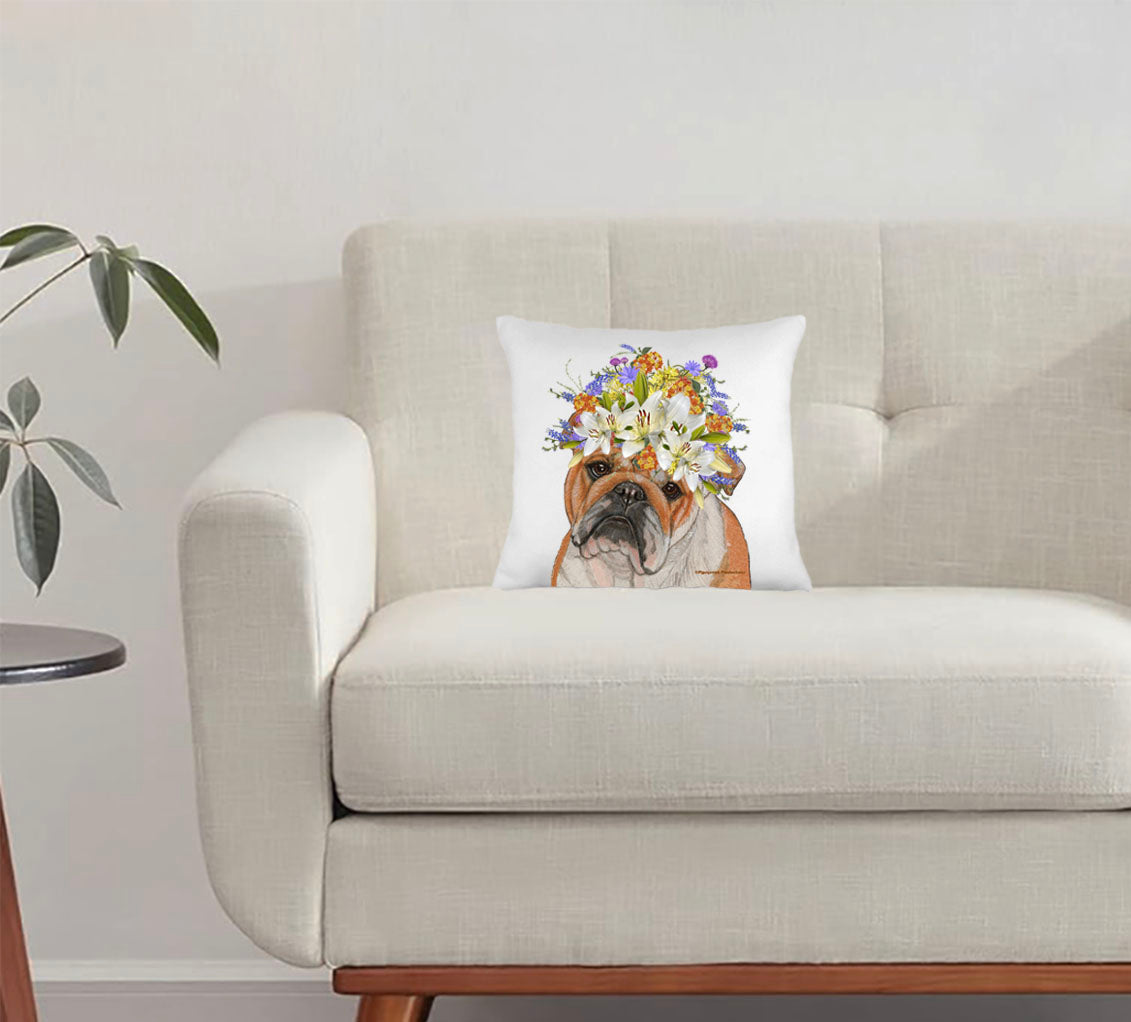 Bulldog Floral Throw Pillow, Decorative Pillow, Cute Dog Accent Pillow, Spring Summer Home Decor, Pet Lover Gift