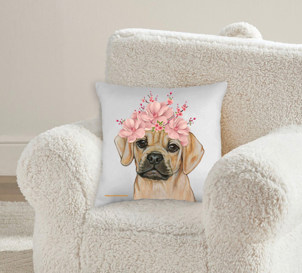 Puggle Floral Throw Pillow, Decorative Pillow, Cute Dog Accent Pillow, Spring Summer Home Decor, Pet Lover Gift - Pipsqueakproductions