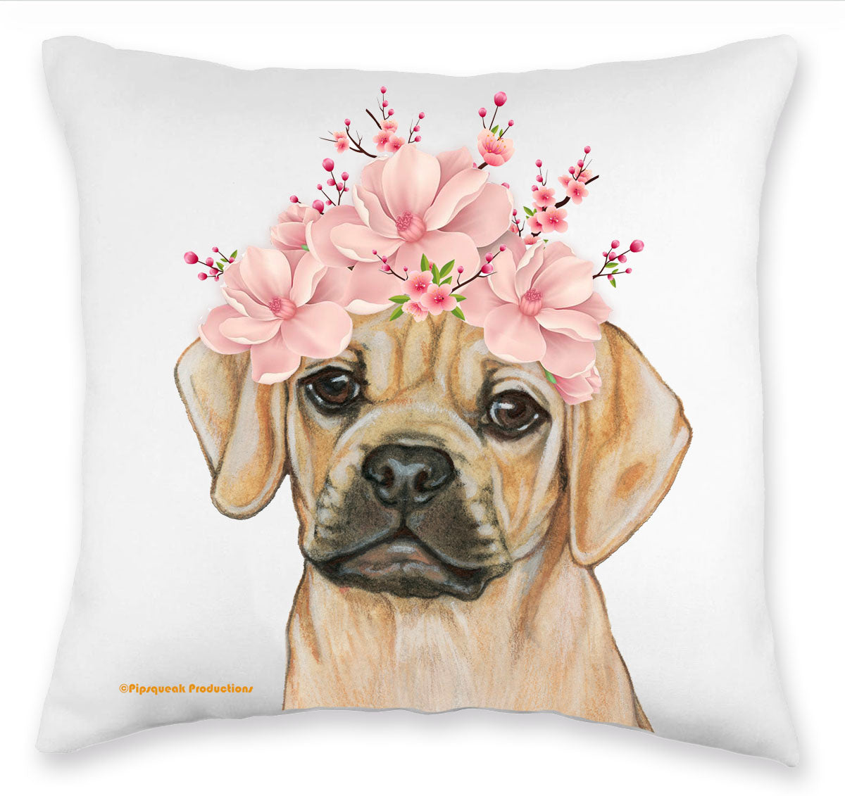 Puggle Floral Throw Pillow, Decorative Pillow, Cute Dog Accent Pillow, Spring Summer Home Decor, Pet Lover Gift - Pipsqueakproductions