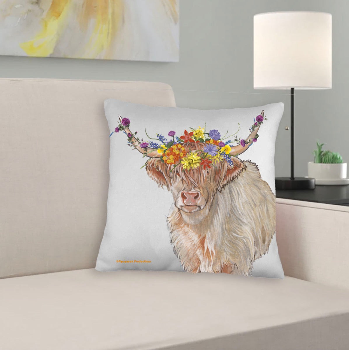 Scottish Highland Cow Floral Throw Pillow, Decorative Pillow, Cute Country Accent Pillow, Spring Summer Home Decor, Farm Lover Gift - Pipsqueakproductions