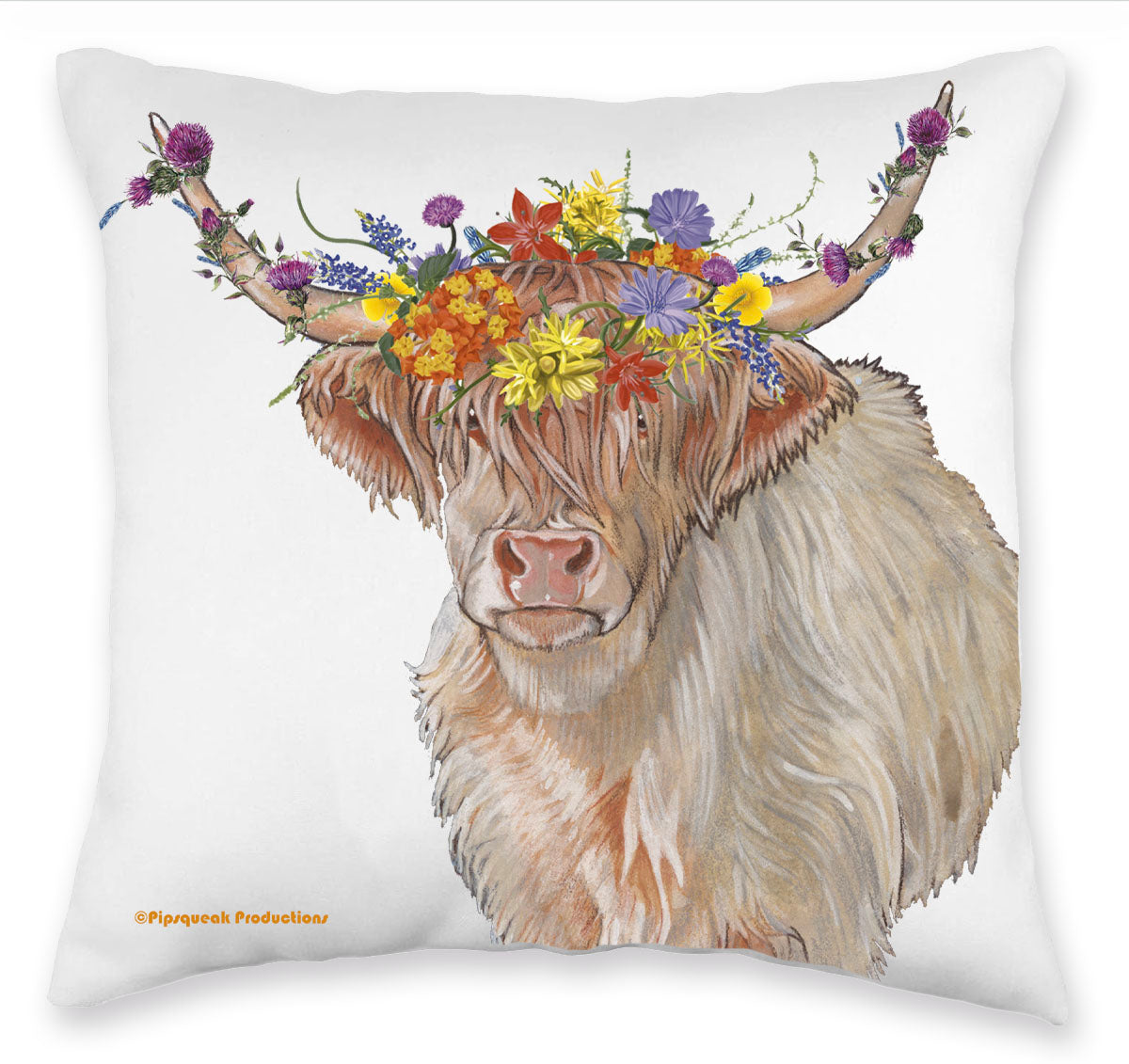 Scottish Highland Cow Floral Throw Pillow, Decorative Pillow, Cute Country Accent Pillow, Spring Summer Home Decor, Farm Lover Gift - Pipsqueakproductions
