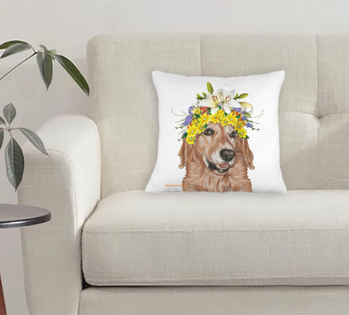 Golden Retriever Floral Throw Pillow, Decorative Pillow, Cute Dog Accent Pillow, Spring Summer Home Decor, Pet Lover Gift - Pipsqueakproductions