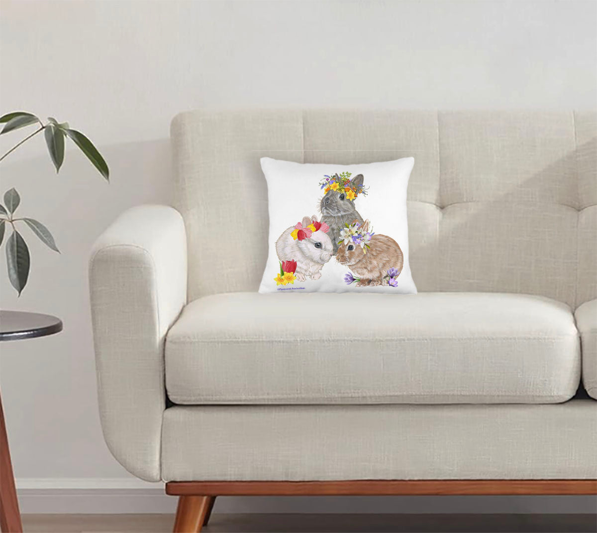 Bunny Dwarf Rabbits Floral Throw Pillow, Decorative Pillow, Cute Accent Pillow, Spring Summer Home Decor, Farm Lover Gift