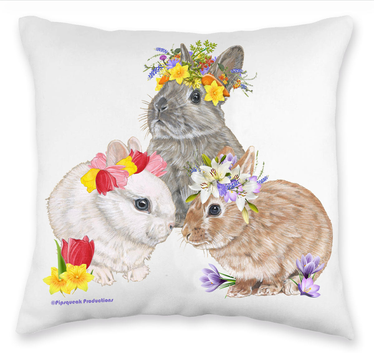 Bunny Dwarf Rabbits Floral Throw Pillow, Decorative Pillow, Cute Accent Pillow, Spring Summer Home Decor, Farm Lover Gift