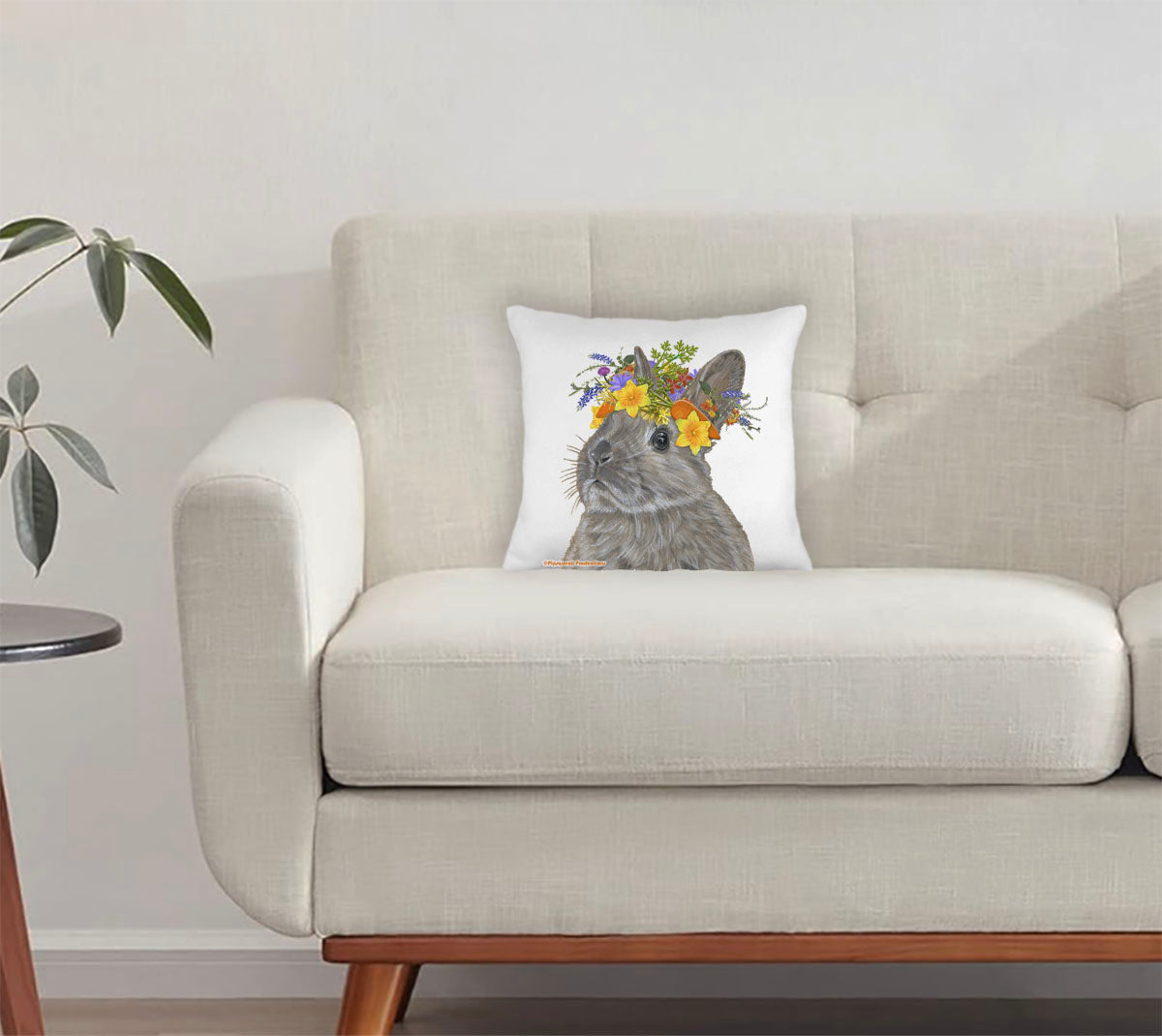 Bunny Dwarf Grey Rabbit Floral Throw Pillow, Decorative Pillow, Cute Accent Pillow, Spring Summer Home Decor, Farm Lover Gift