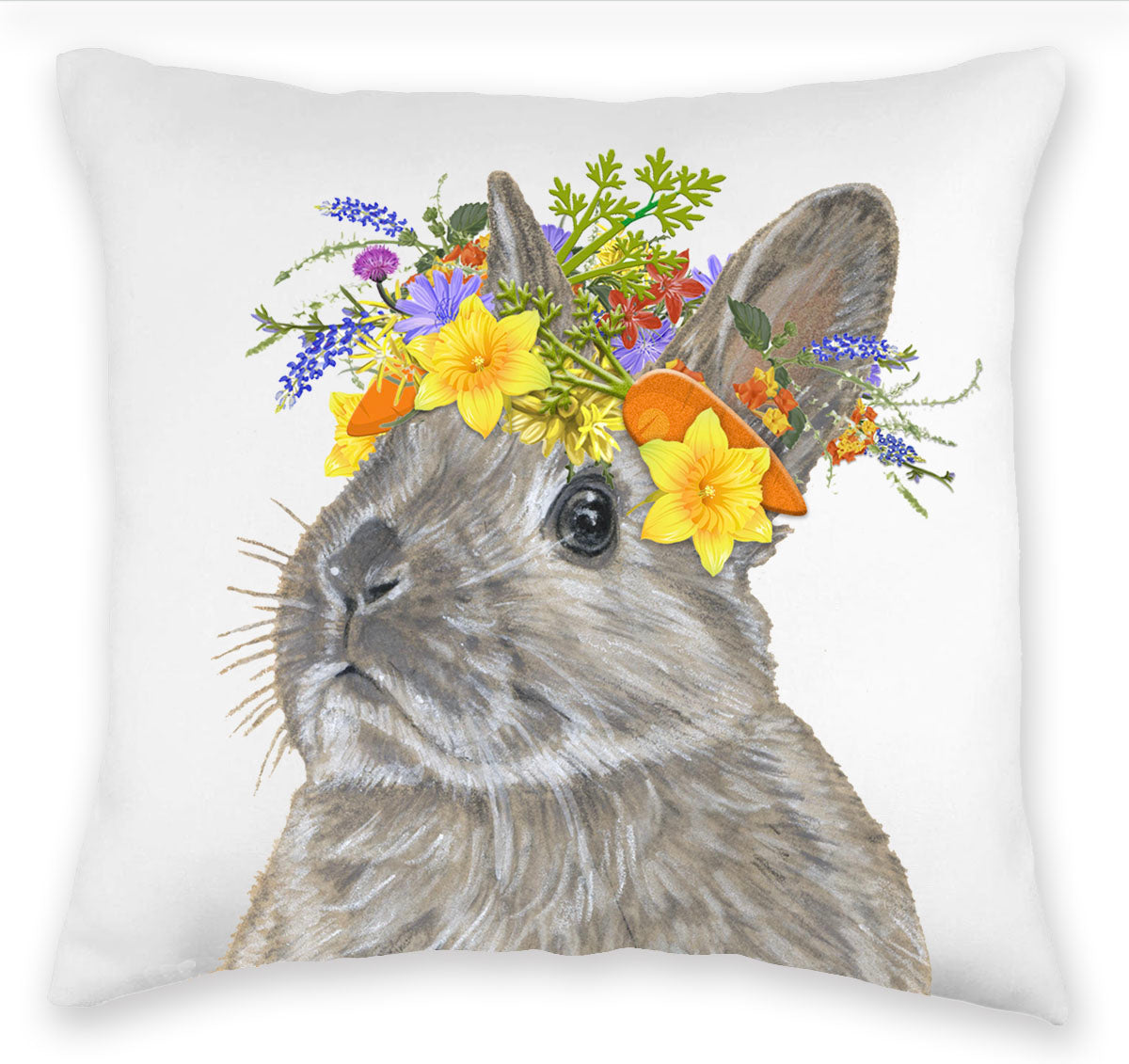 Bunny Dwarf Grey Rabbit Floral Throw Pillow, Decorative Pillow, Cute Accent Pillow, Spring Summer Home Decor, Farm Lover Gift