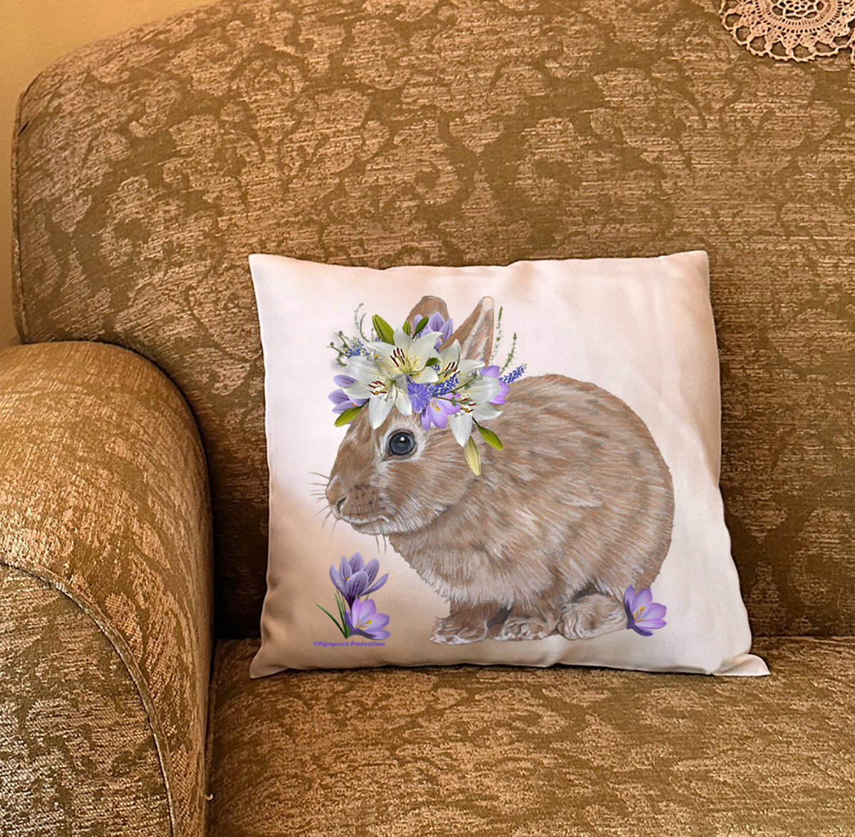Bunny Dwarf Tan Rabbit Floral Throw Pillow, Decorative Cushion, Cute Accent Pillow, Spring Summer Home Decor, Farm Lover Gift