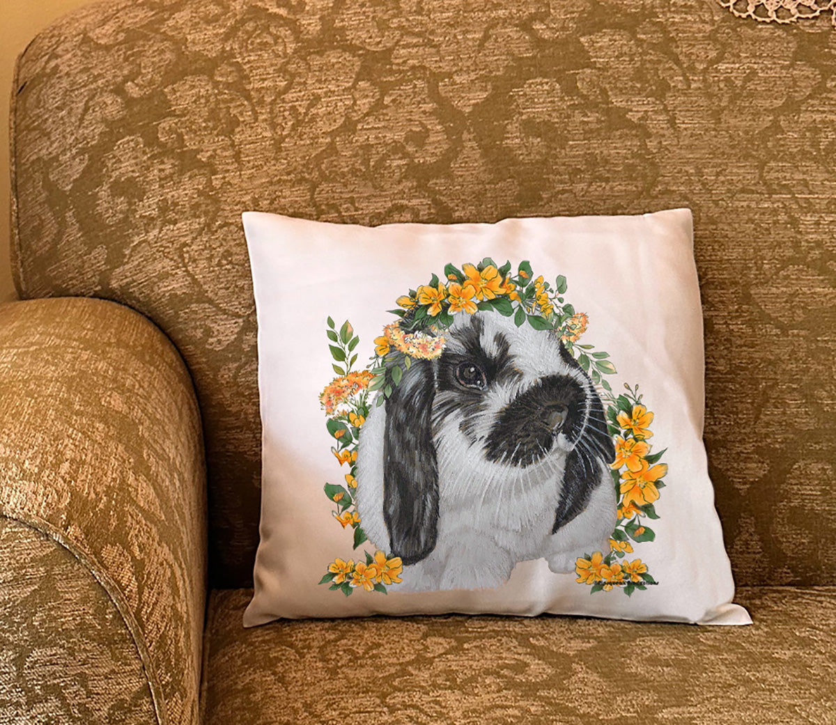 Bunny Floppy Eared Lop Eared White and Black Rabbit Floral Throw Pillow, Decorative Cushion, Cute Accent Pillow, Spring Summer Home Decor, Rabbit Lover Gift