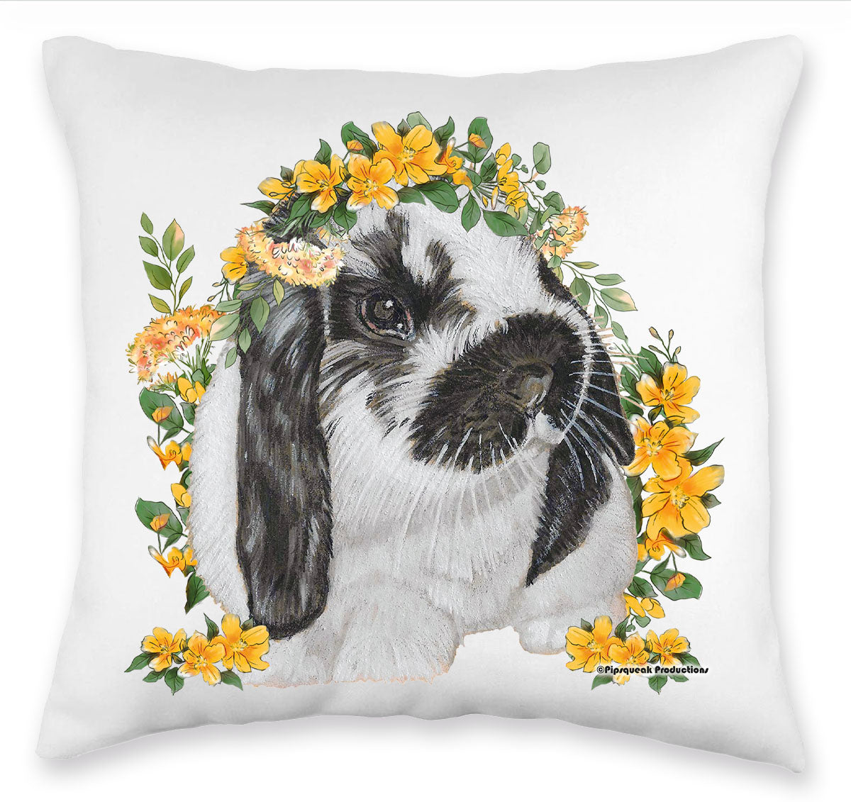 Bunny Floppy Eared Lop Eared White and Black Rabbit Floral Throw Pillow, Decorative Cushion, Cute Accent Pillow, Spring Summer Home Decor, Rabbit Lover Gift