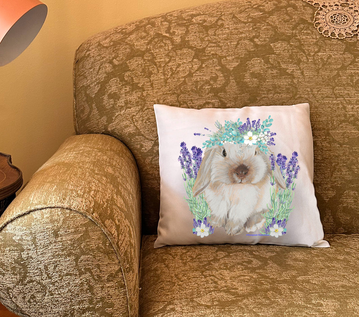 Bunny Floppy Eared Lop Eared Beige Rabbit Floral Throw Pillow, Decorative Pillow, Cute Accent Pillow, Spring Summer Home Decor, Pet Lover Gift