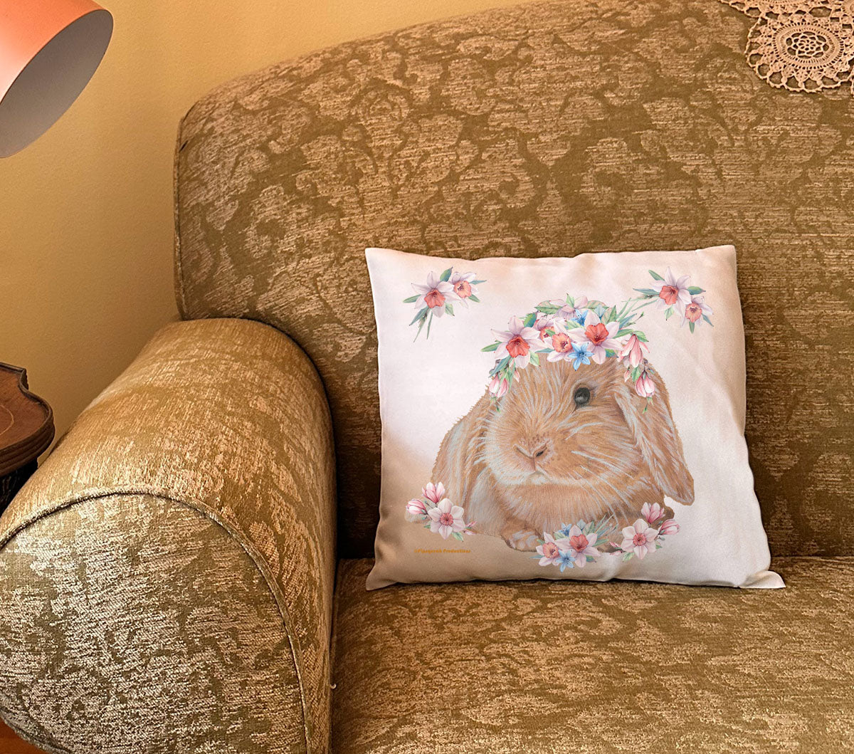 Bunny Floppy Eared Lop Eared Fawn Rabbit Floral Throw Pillow, Decorative Cushion, Cute Accent Pillow, Spring Summer Home Decor, Pet Lover Gift