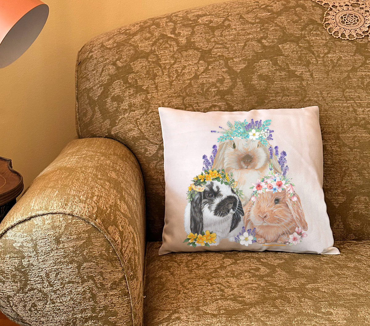 Bunny Floppy Eared Lop Eared Rabbits Floral Throw Pillow, Decorative Pillow, Cute Accent Pillow, Spring Summer Home Decor, Pet Lover Gift