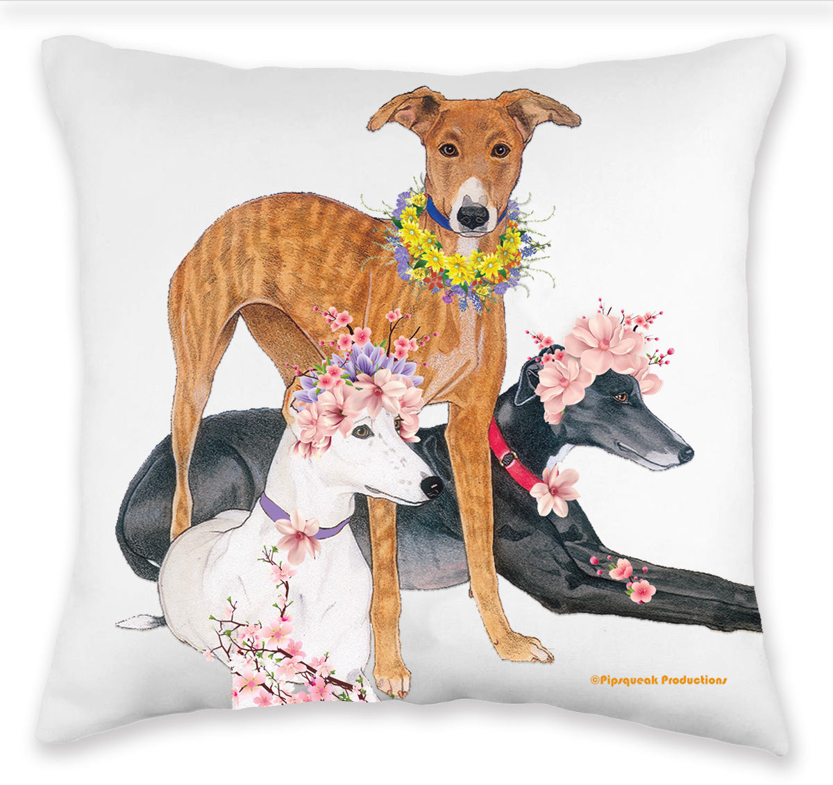 Greyhound Trio Floral Throw Pillow, Decorative Pillow, Cute Dog Accent Pillow, Spring Summer Home Decor, Pet Lover Gift - Pipsqueakproductions