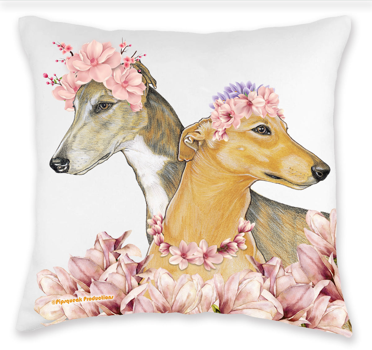 Greyhound Portraits Floral Throw Pillow, Cute Dog Accent Cushion, Spring Summer Home Decor, Pet Lover Gift - Pipsqueakproductions