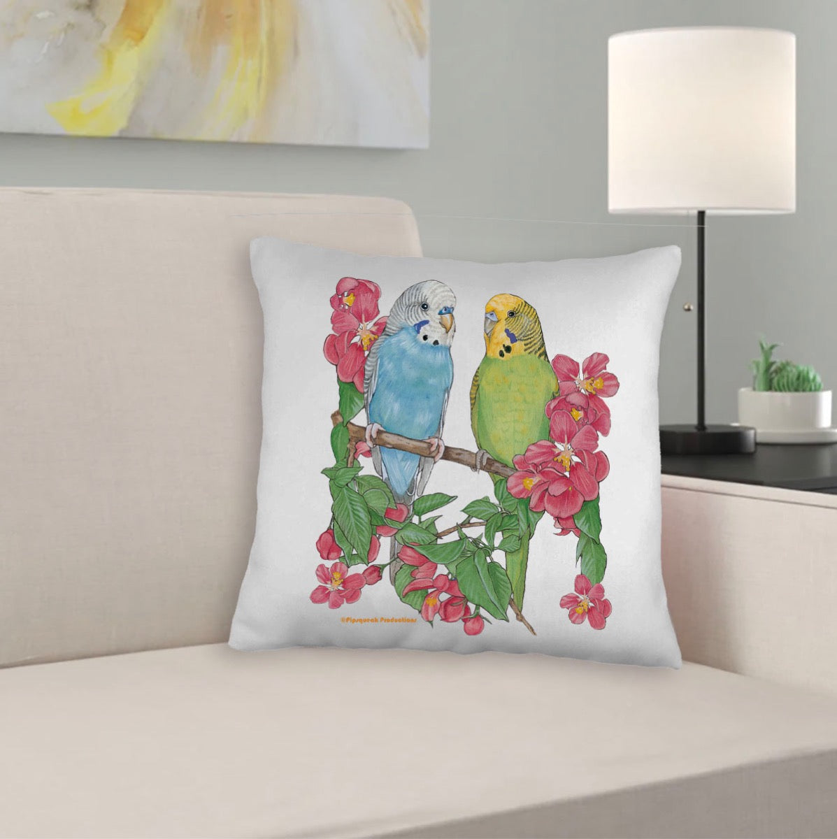 Parakeet Floral Throw Pillow, Decorative Pillow, Cute Parrot Accent Pillow, Spring Summer Home Decor, Budgie Lover Gift - Pipsqueakproductions