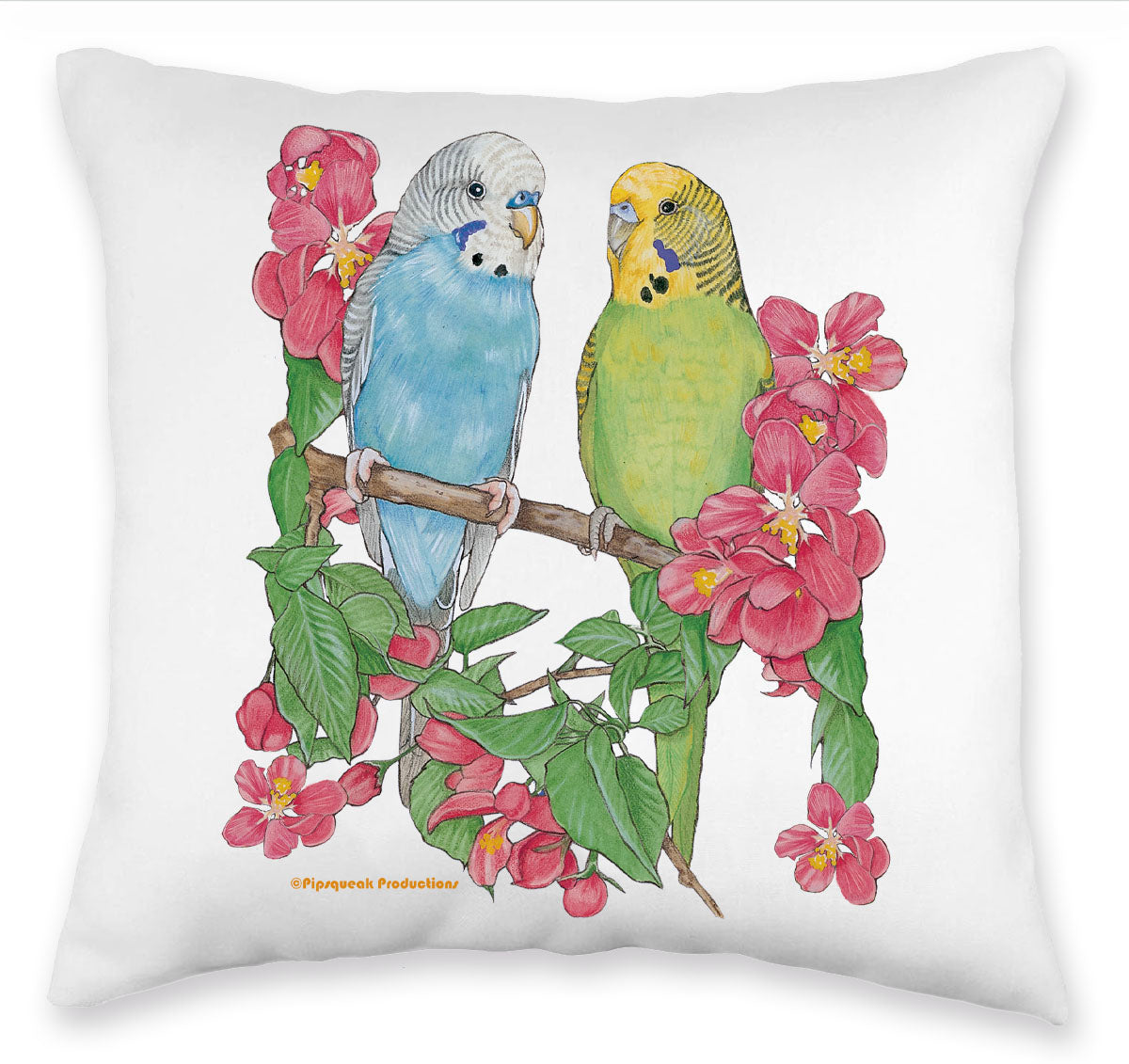 Parakeet Floral Throw Pillow, Decorative Pillow, Cute Parrot Accent Pillow, Spring Summer Home Decor, Budgie Lover Gift - Pipsqueakproductions