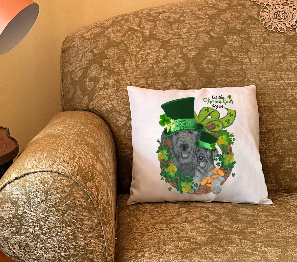 Irish Wolfhound Saint Patrick’s Day Throw Pillow, Decorative Pillow, Cute Dog Accent Pillow, Home Decor Pet Lover Gift - Pipsqueakproductions