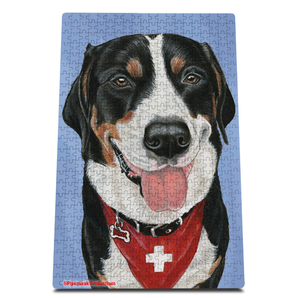 Greater Swiss Mountain Dog Jigsaw Puzzle, 500-piece with reusable Tin, from painting by Mary Badenhop, Art Puzzle, Cute Gifts for Dog Lovers - Pipsqueakproductions