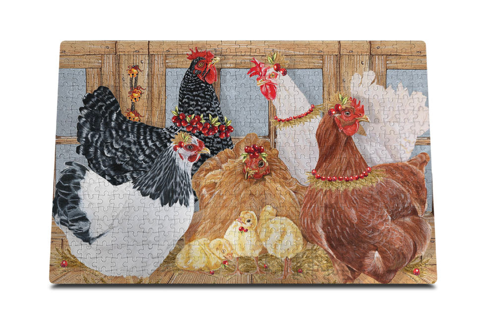 Chicken Group Jigsaw Puzzle, 500-piece with reusable Tin, from painting by Mary Badenhop, Art Puzzle, Cute Gifts for Chicken Lovers - Pipsqueakproductions