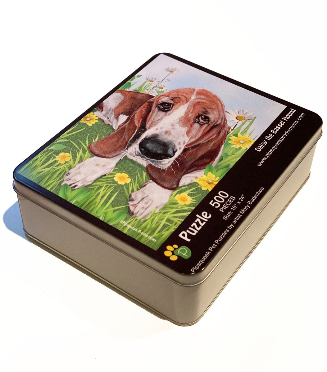 Basset Hound Jigsaw Puzzle, 500-piece with reusable Tin, from painting “Daisy” by Mary Badenhop, Art Puzzle, Cute Gifts for Dog Lovers