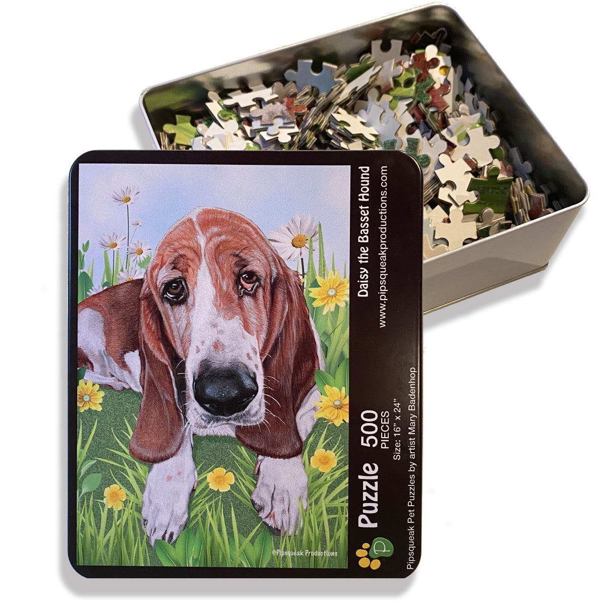 Basset Hound Jigsaw Puzzle, 500-piece with reusable Tin, from painting “Daisy” by Mary Badenhop, Art Puzzle, Cute Gifts for Dog Lovers