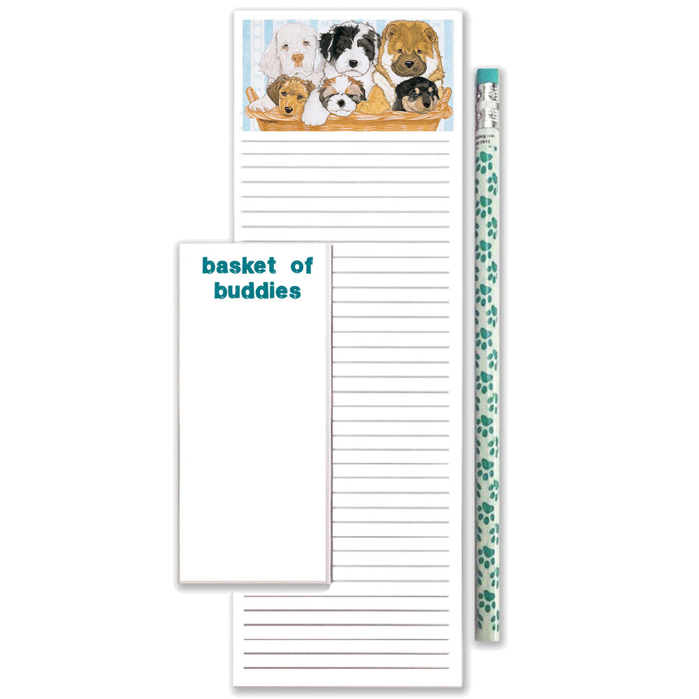 Dog Basket of Buddies To Do List Magnetic Shopping Pad Notepad & Pencil Gift Set - Pipsqueakproductions
