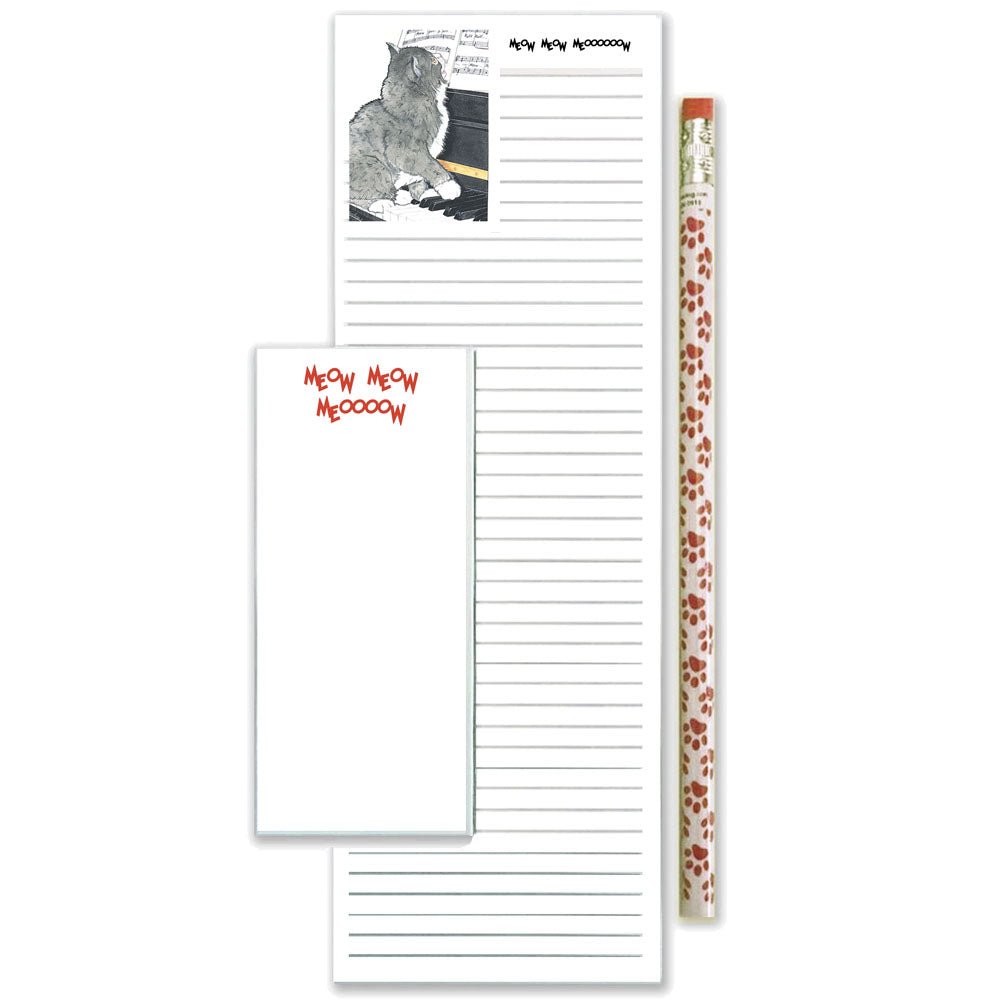Cat Black and White Piano Kitty To Do List Magnetic Shopping Pad Notepad & Pencil Gift Set - Pipsqueakproductions