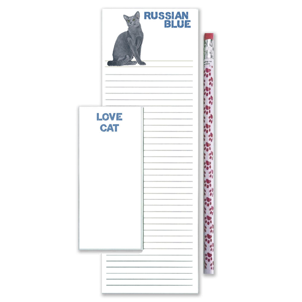 Russian Blue Cat To Do List Magnetic Shopping Pad Notepad & Pencil Gift Set - Pipsqueakproductions