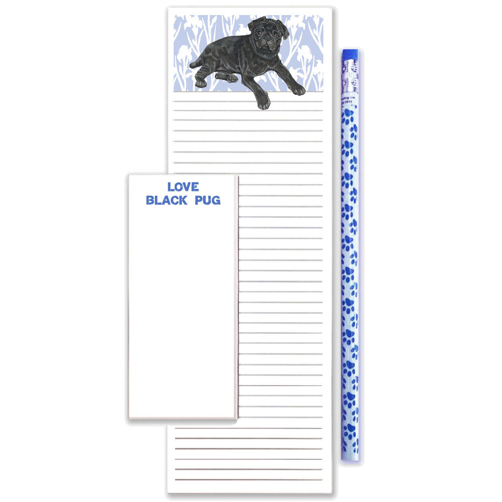 Pug Black Pug To Do List Magnetic Shopping Pad Notepad & Pencil Gift Set - Pipsqueakproductions