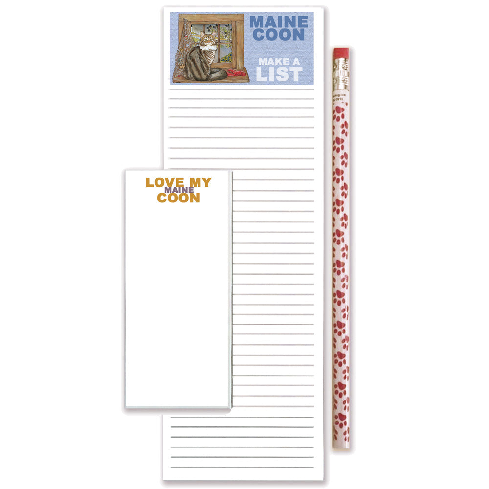 Maine Coon Cat To Do List Magnetic Shopping Pad Notepad & Pencil Gift Set - Pipsqueakproductions
