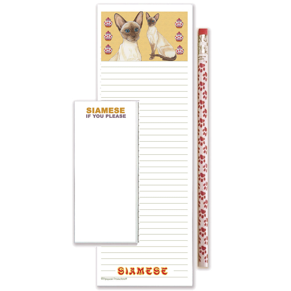 Siamese Cat To Do List Magnetic Shopping Pad Notepad & Pencil Gift Set - Pipsqueakproductions