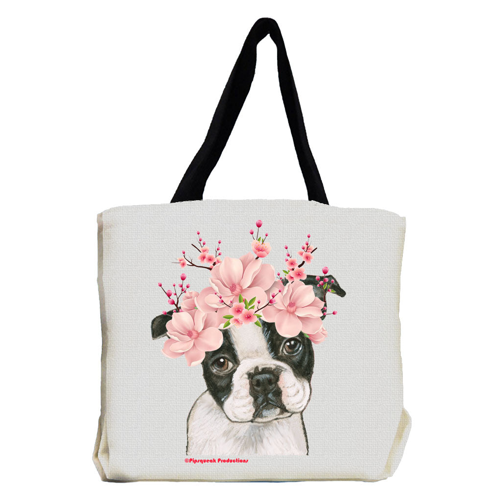Boston Terrier Dog with Flowers Tote Bag - Pipsqueakproductions