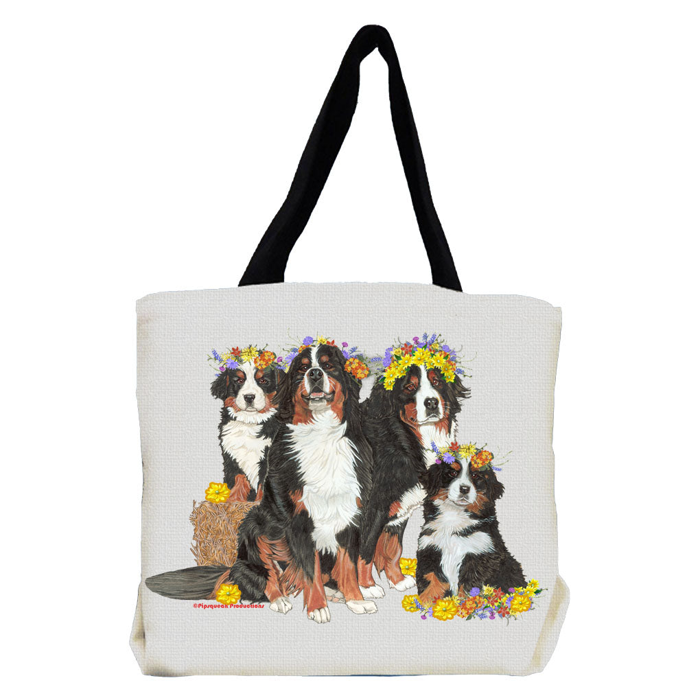 Bernese Mountain Dog with Flowers Tote Bag - Pipsqueakproductions