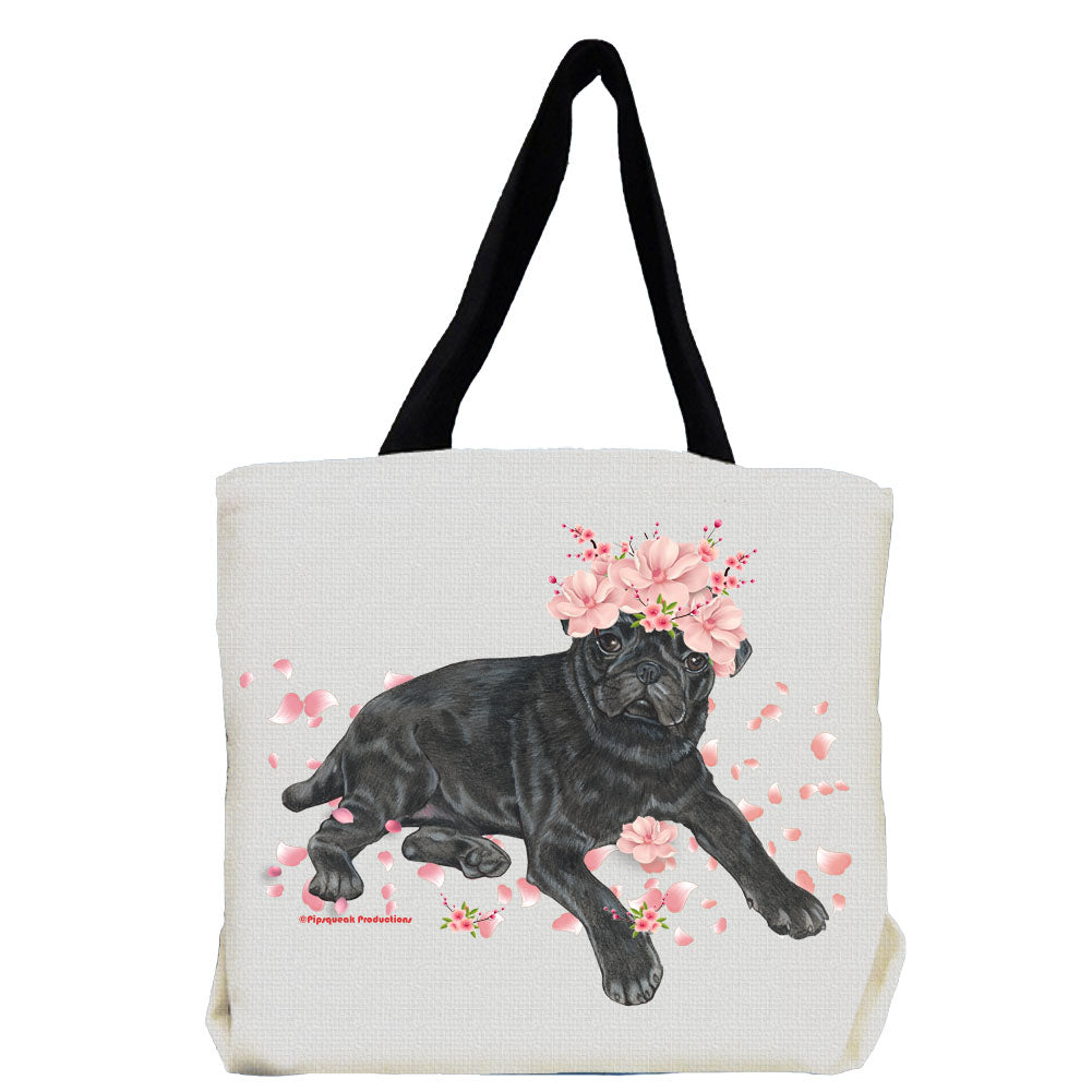 Pug Black Pug Dog with Flowers Tote Bag - Pipsqueakproductions