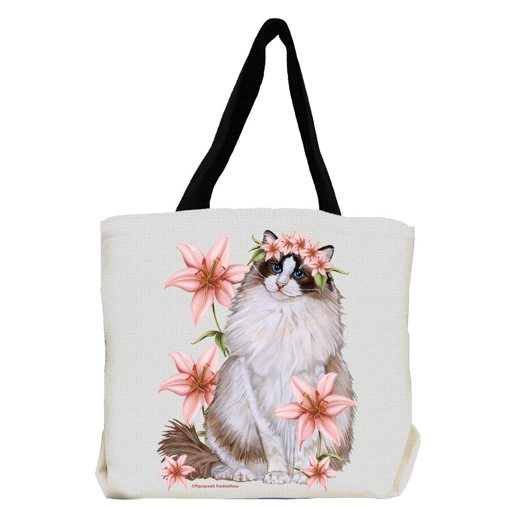 Cat Ragdoll Cat with Pink Lily Flowers Tote Bag - Pipsqueakproductions